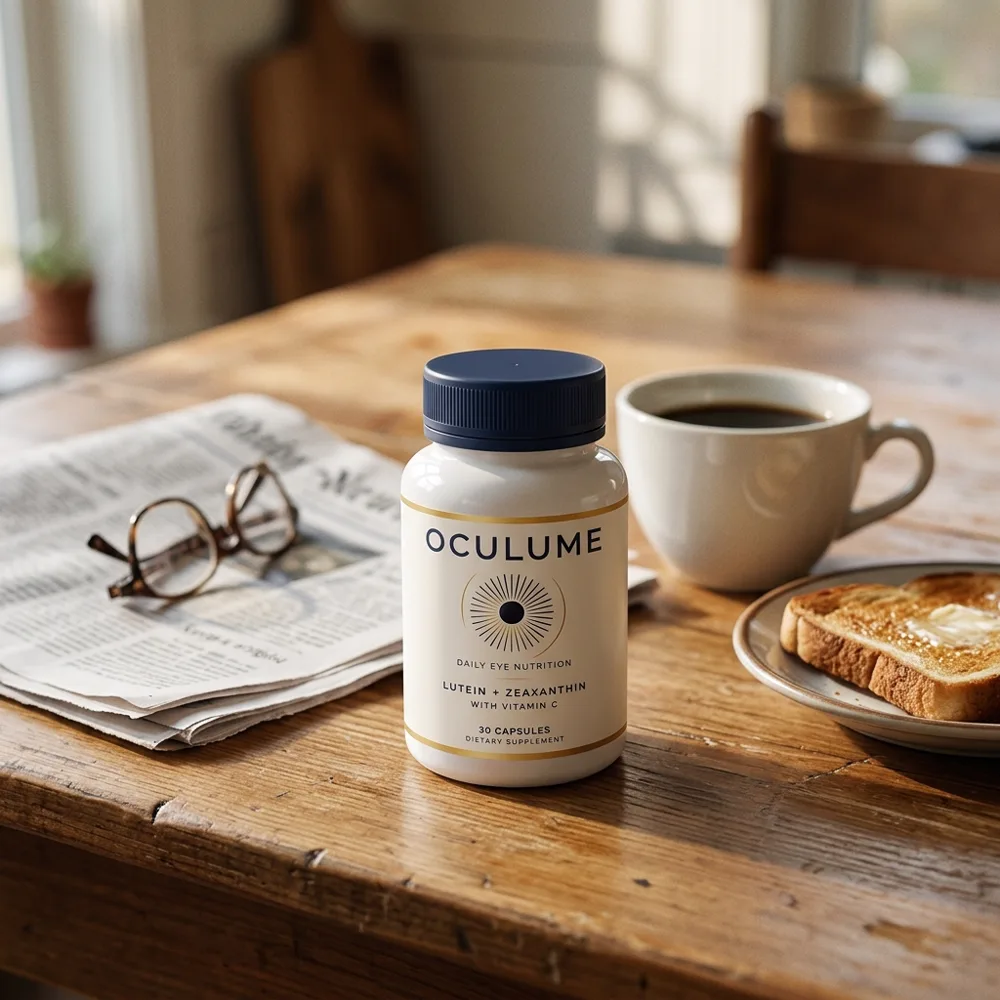 Oculume bottle on a kitchen table in morning light, next to a cup of coffee